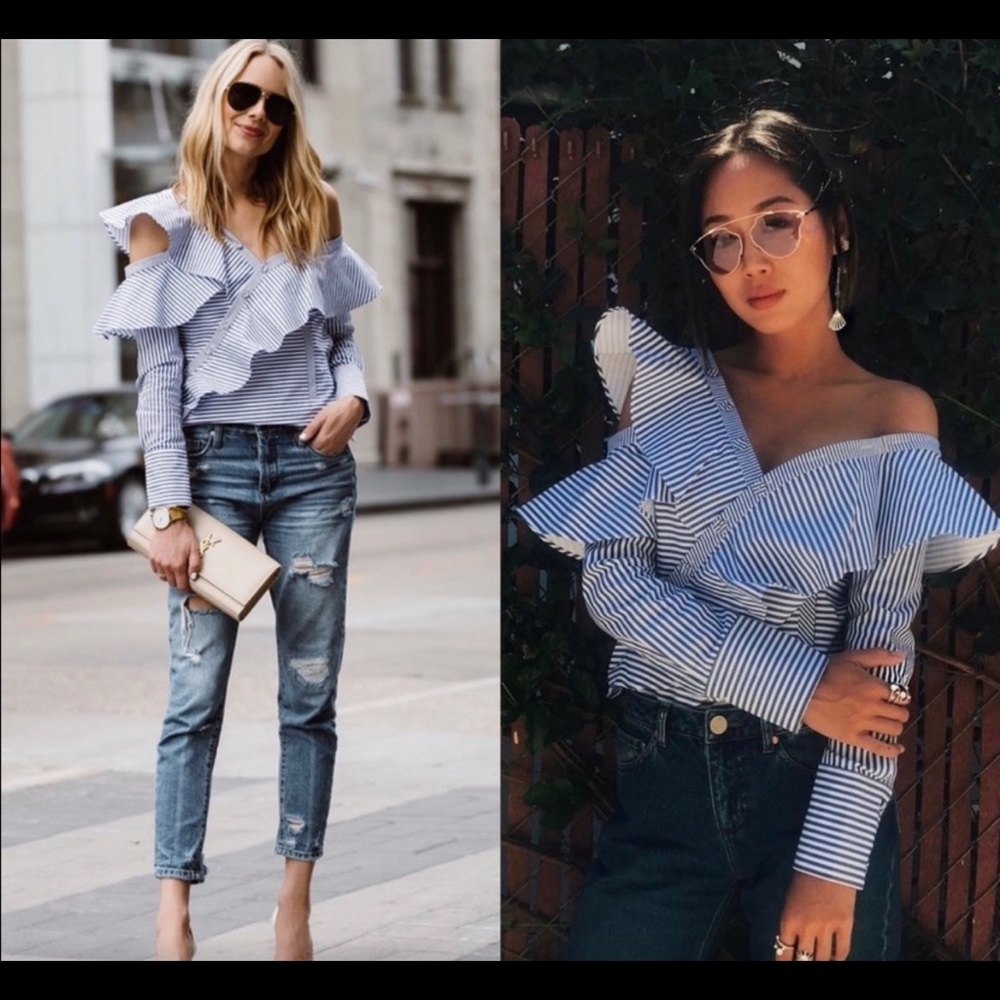 SELF-PORTRAIT Striped Off Shoulder Asymmetric Frill Shirt - Size 2